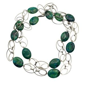 Green Glass Beads Silver Tone Link Long Necklace